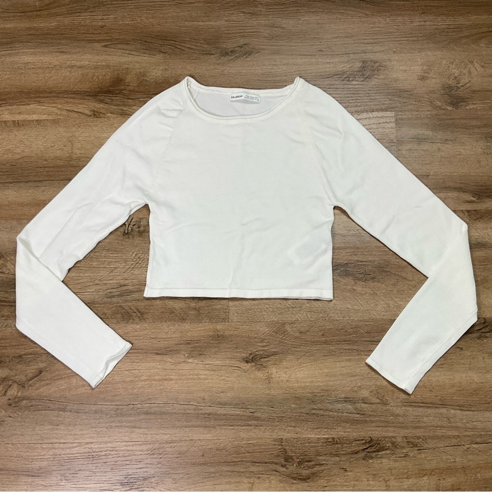 Pull&Bear Crop Top Juniors Size M Long Sleeve Fitted Lightweight Sweater White